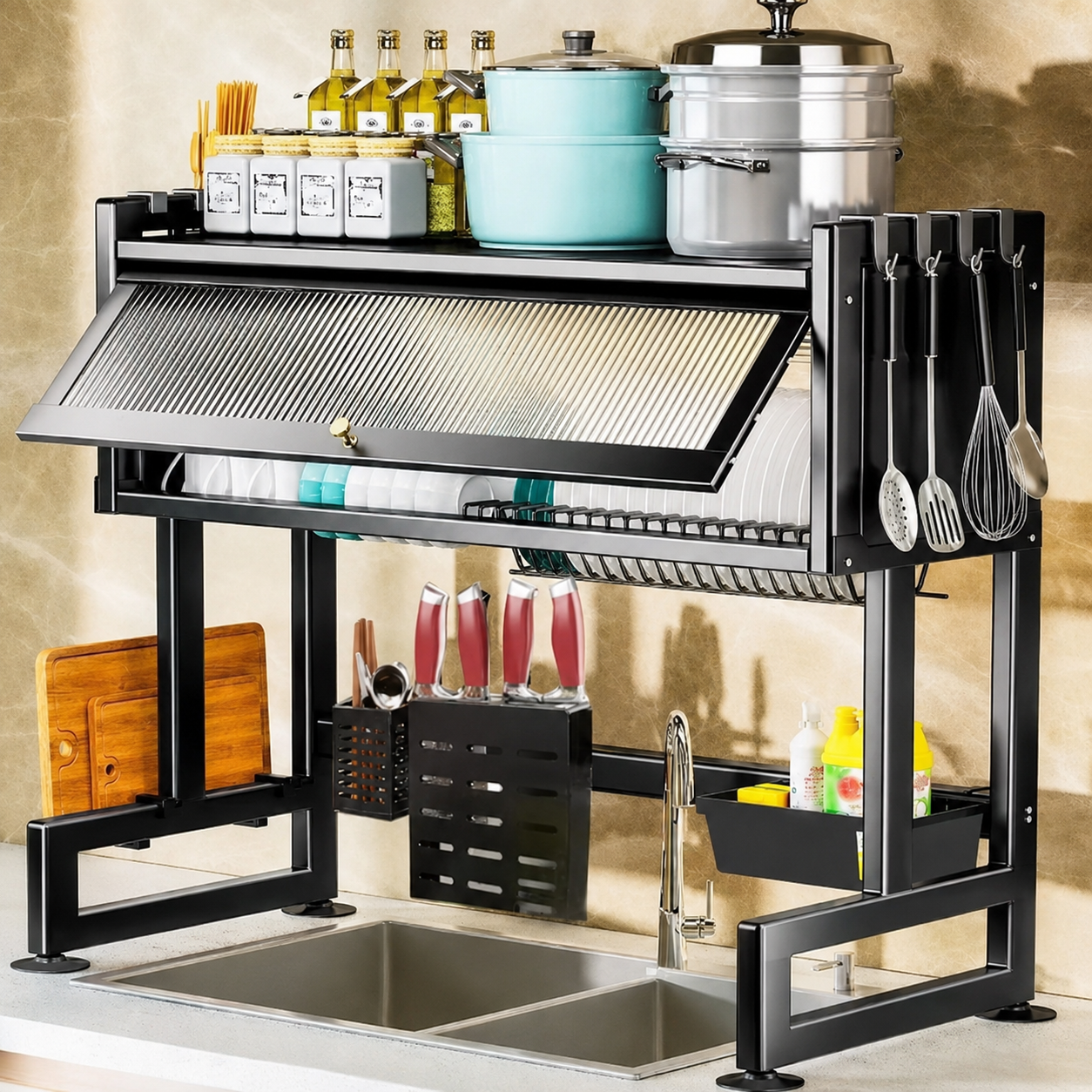 Escurridor Organizador de Platos con Tapa – 85 cm | Negro